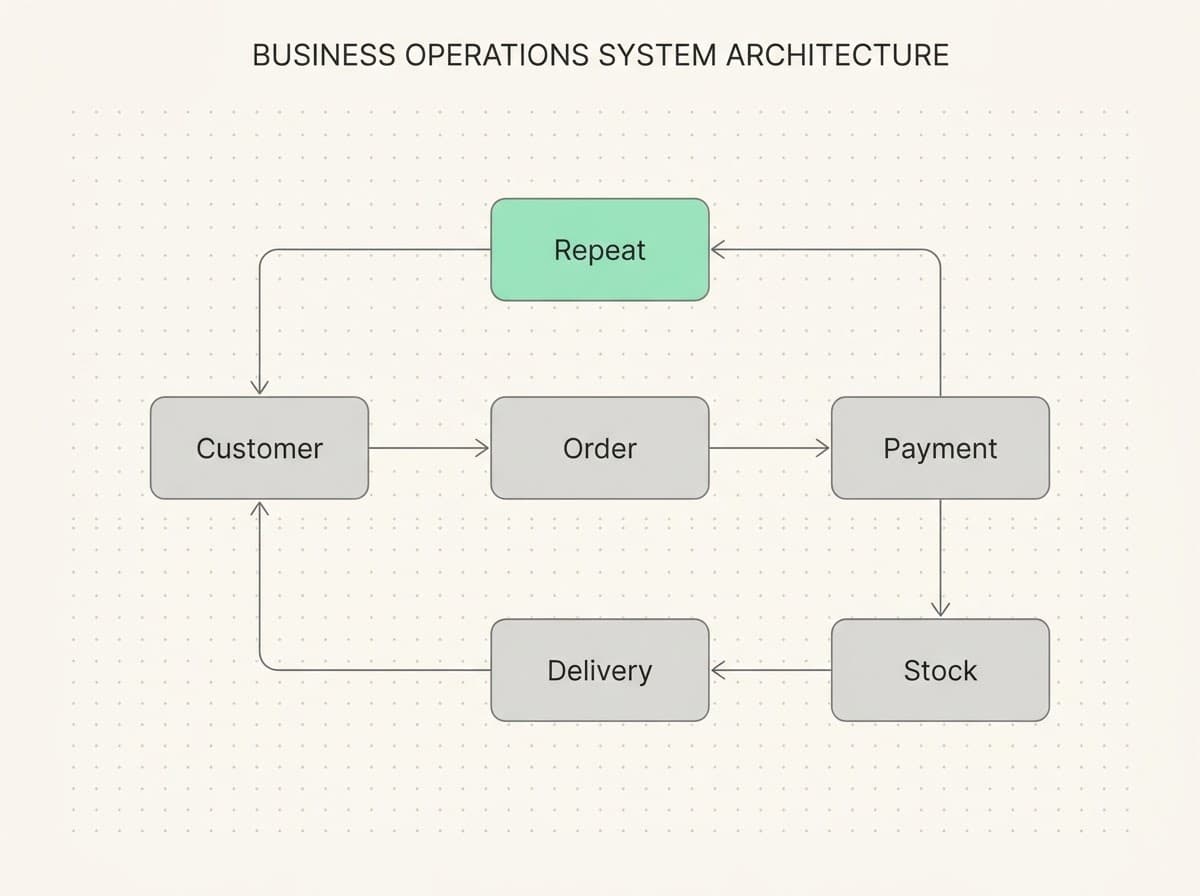 A diagram of one order moving from a customer through payment, stock and delivery